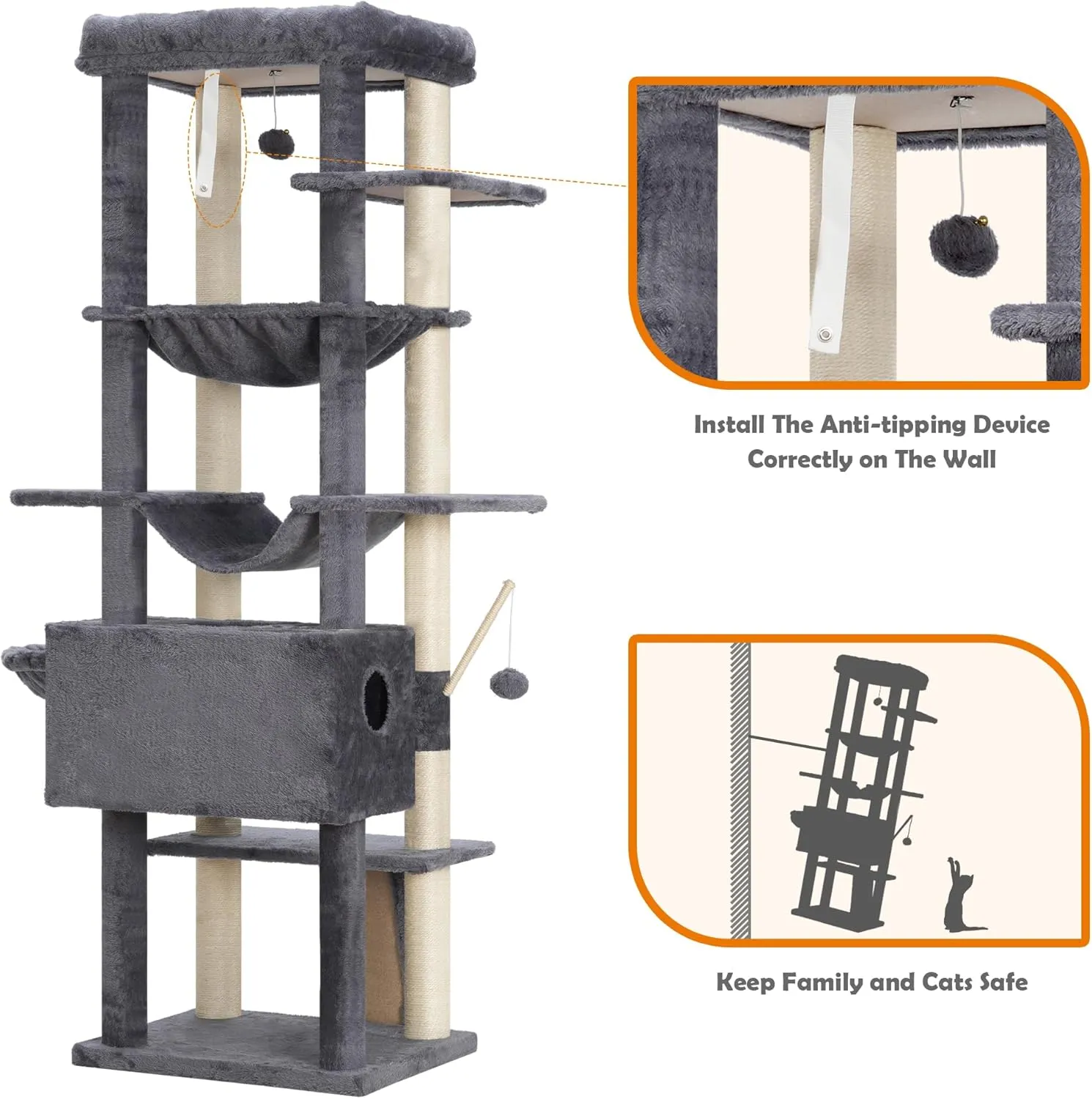 Heybly Cat Tree for Indoor Cats Large Adult with Big Platform, 68.1-inch Tall Cat Tower with Sisal-Covered Scratching Posts, Multi-Level Cat Condo Furniture with Hammocks, Smoky Gray HCT035G