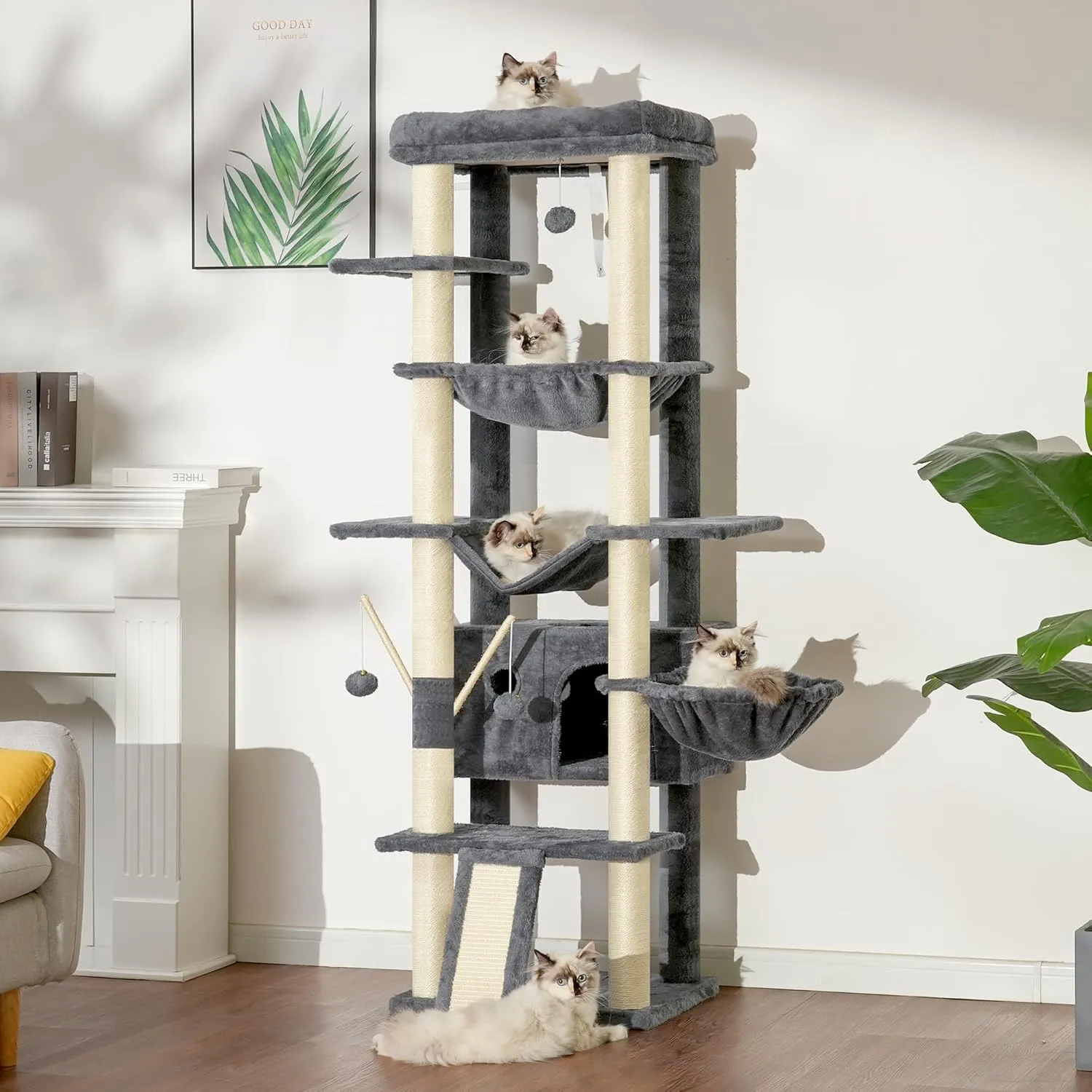 Heybly Cat Tree for Indoor Cats Large Adult with Big Platform, 68.1-inch Tall Cat Tower with Sisal-Covered Scratching Posts, Multi-Level Cat Condo Furniture with Hammocks, Smoky Gray HCT035G