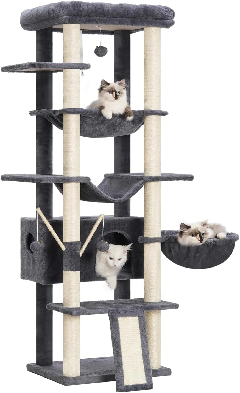 Heybly Cat Tree for Indoor Cats Large Adult with Big Platform, 68.1-inch Tall Cat Tower with Sisal-Covered Scratching Posts, Multi-Level Cat Condo Furniture with Hammocks, Smoky Gray HCT035G