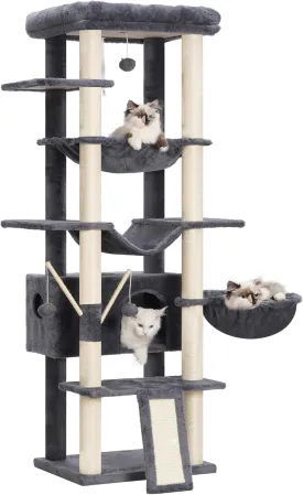 Heybly Cat Tree for Indoor Cats Large Adult with Big Platform, 68.1-inch Tall Cat Tower with Sisal-Covered Scratching Posts, Multi-Level Cat Condo Furniture with Hammocks, Smoky Gray HCT035G