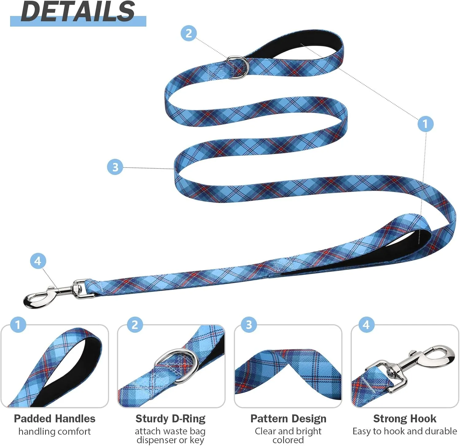 Hikiko 6 Ft Dog Leash, Padded Double Handle Leashes for Medium Large Dogs, Soft Traffic Handles Lead for Walking (Blue Plaid)