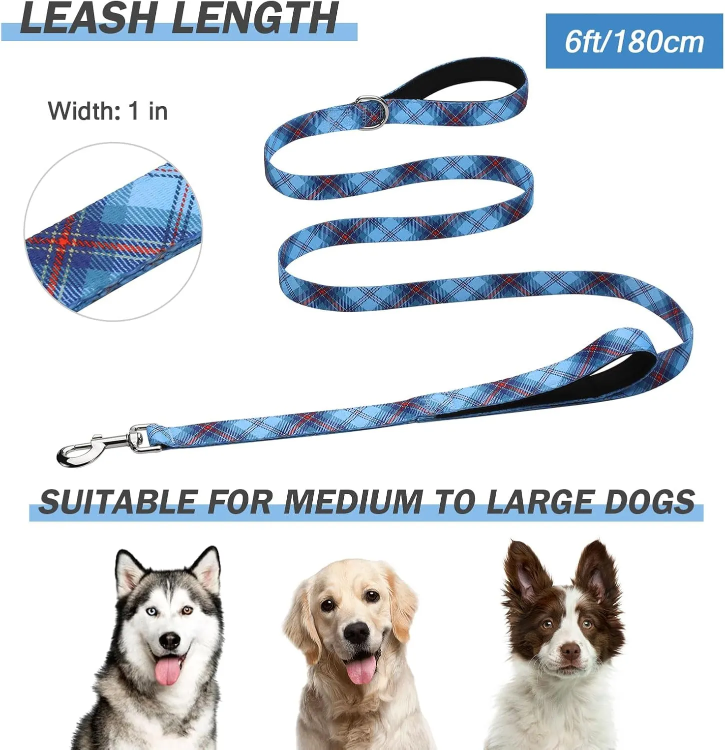 Hikiko 6 Ft Dog Leash, Padded Double Handle Leashes for Medium Large Dogs, Soft Traffic Handles Lead for Walking (Blue Plaid)