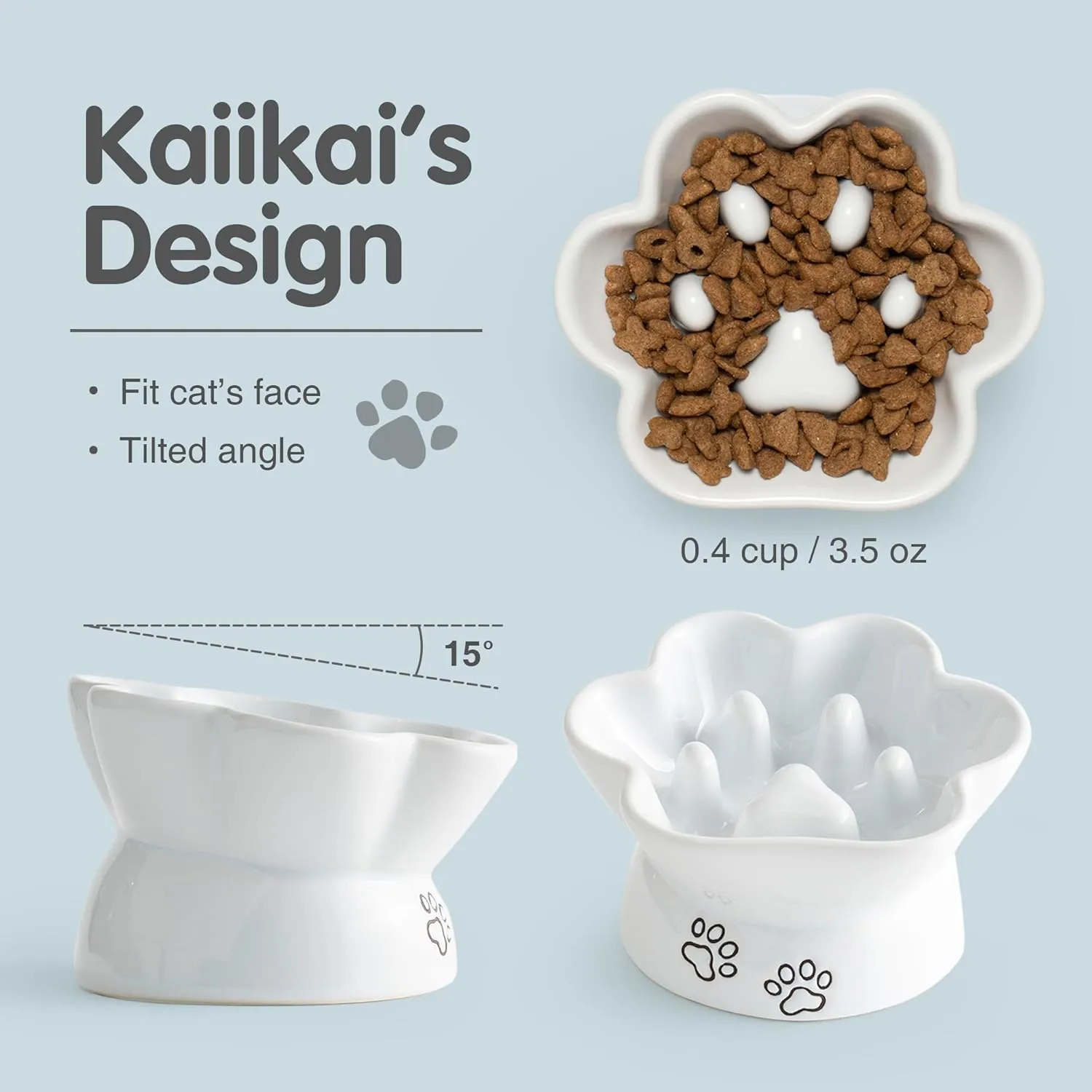 Kaiikais Elevated 5 oz Ceramic Tilted Water and Food Bowl for Small Dogs and Cats