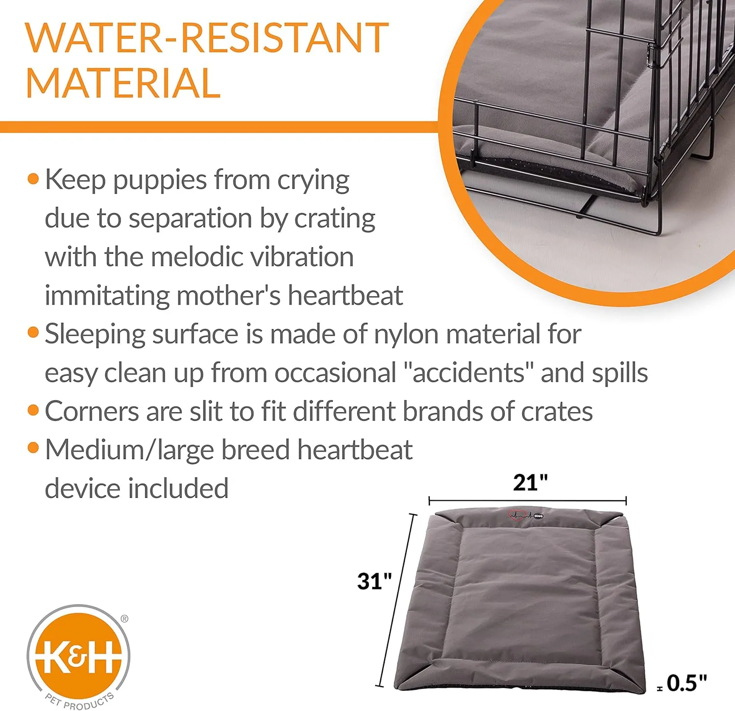 K&H Pet Products Mothers Heartbeat Puppy Crate Pad Water-Resistant Gray Medium/Large Breed Beat 21 X 31 Inches