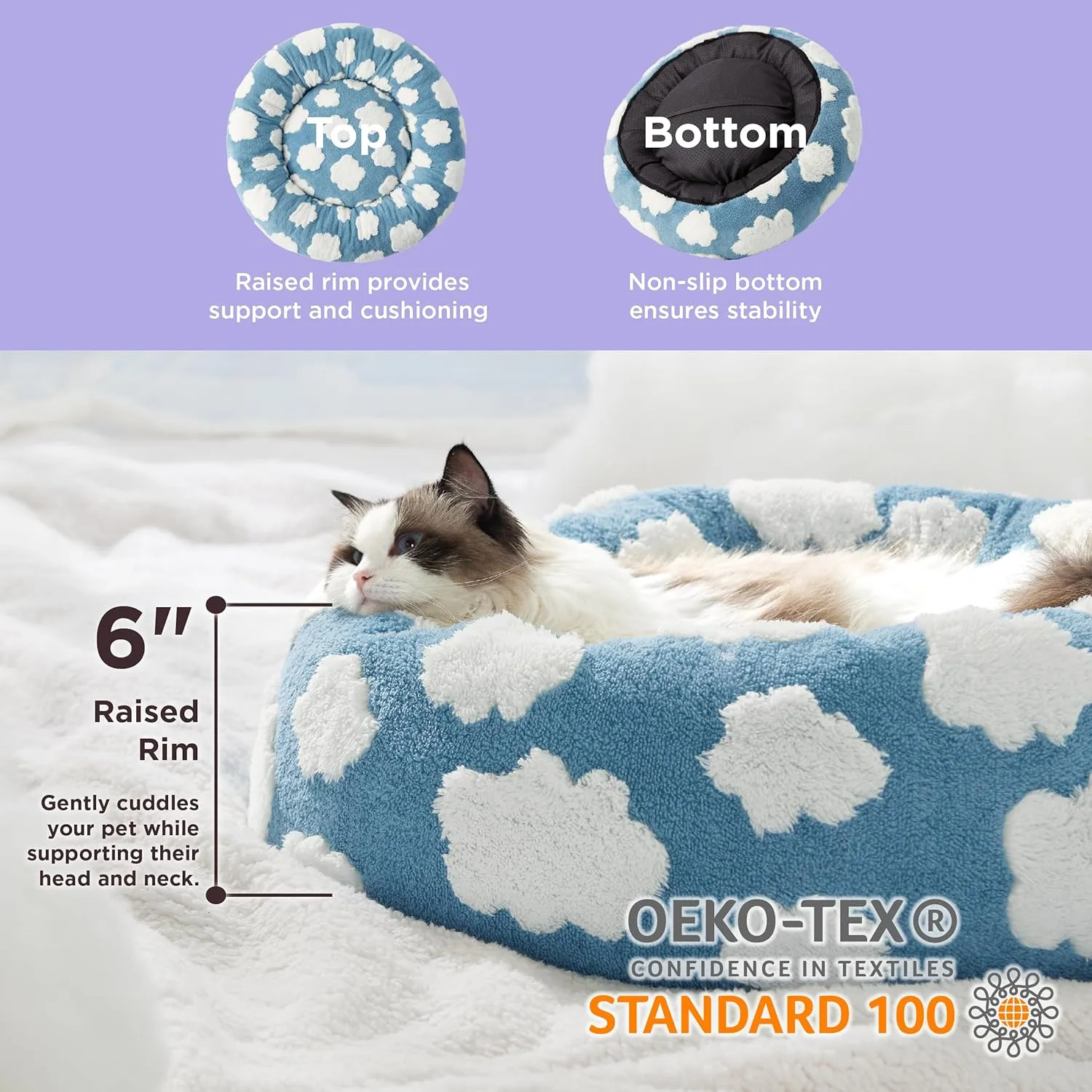 Lesure Donut Cat Beds for Indoor Cats - Small Round Dog Bed for Calming Pets with Washable Cover, Cute Modern Puppy Beds with Jacquard Shaggy Plush & Anti Slip Bottom, 20 Inch, Blue