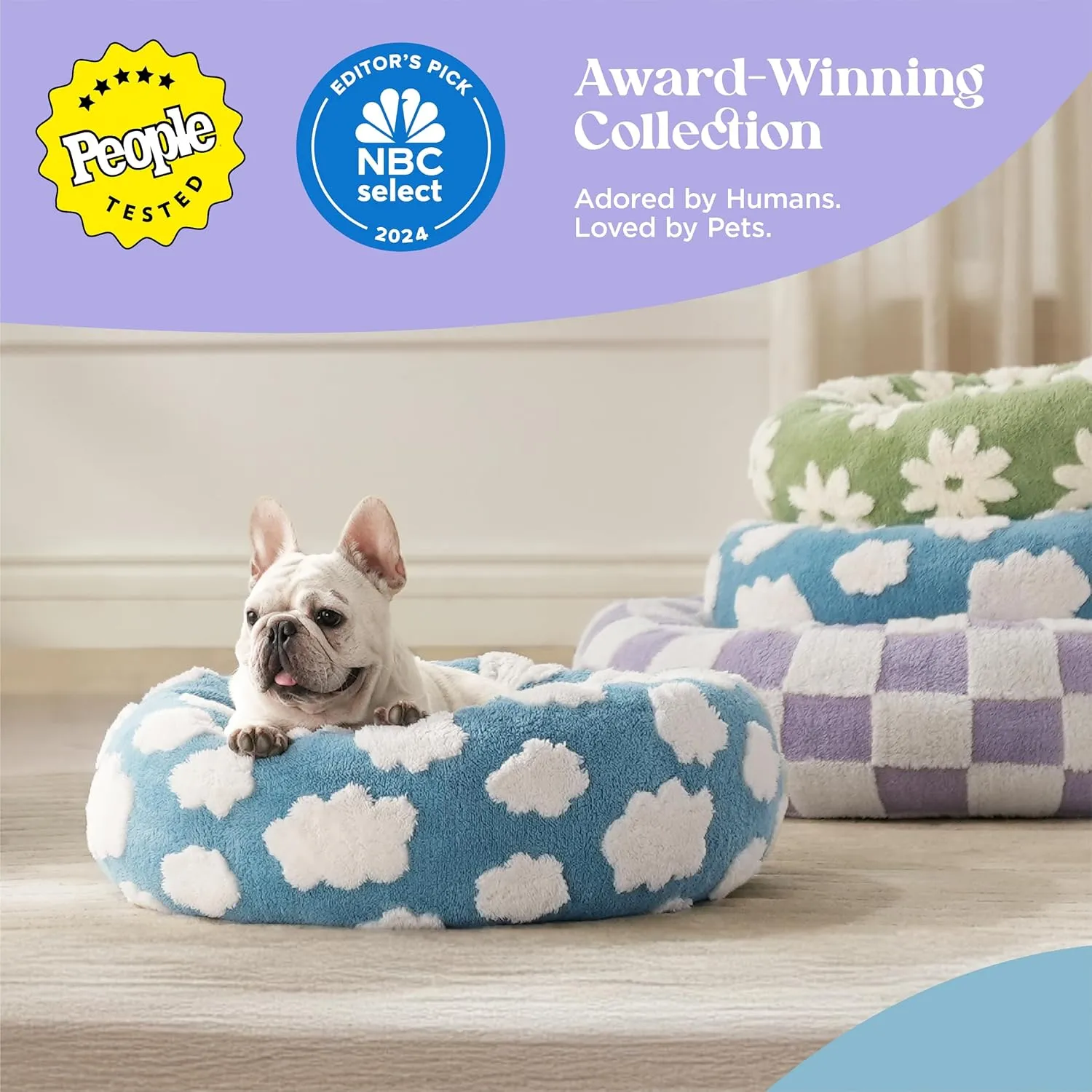 Lesure Donut Cat Beds for Indoor Cats - Small Round Dog Bed for Calming Pets with Washable Cover, Cute Modern Puppy Beds with Jacquard Shaggy Plush & Anti Slip Bottom, 20 Inch, Blue