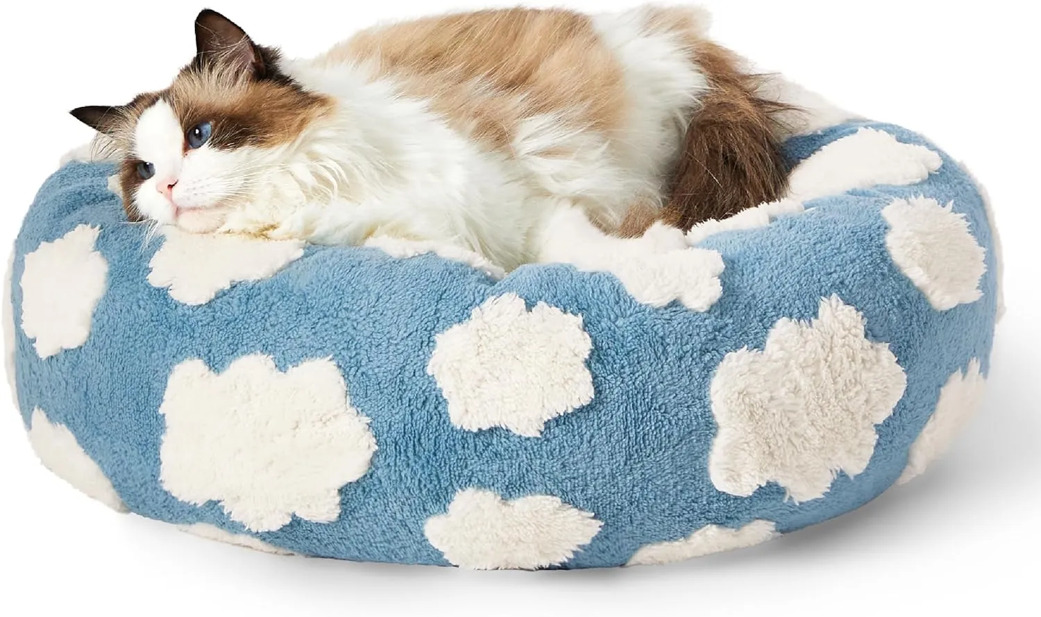 Lesure Donut Cat Beds for Indoor Cats - Small Round Dog Bed for Calming Pets with Washable Cover, Cute Modern Puppy Beds with Jacquard Shaggy Plush & Anti Slip Bottom, 20 Inch, Blue