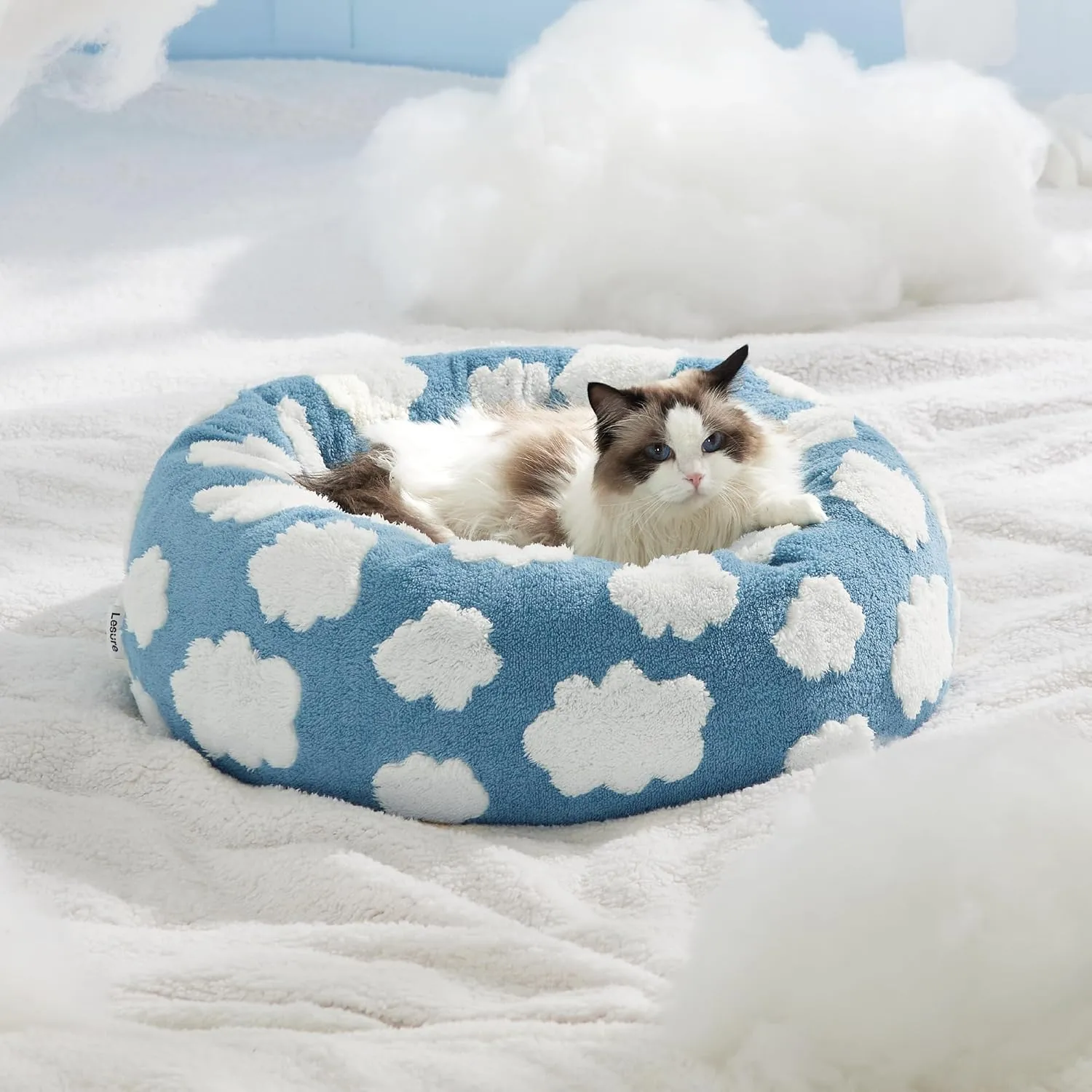 Lesure Donut Cat Beds for Indoor Cats - Small Round Dog Bed for Calming Pets with Washable Cover, Cute Modern Puppy Beds with Jacquard Shaggy Plush & Anti Slip Bottom, 20 Inch, Blue
