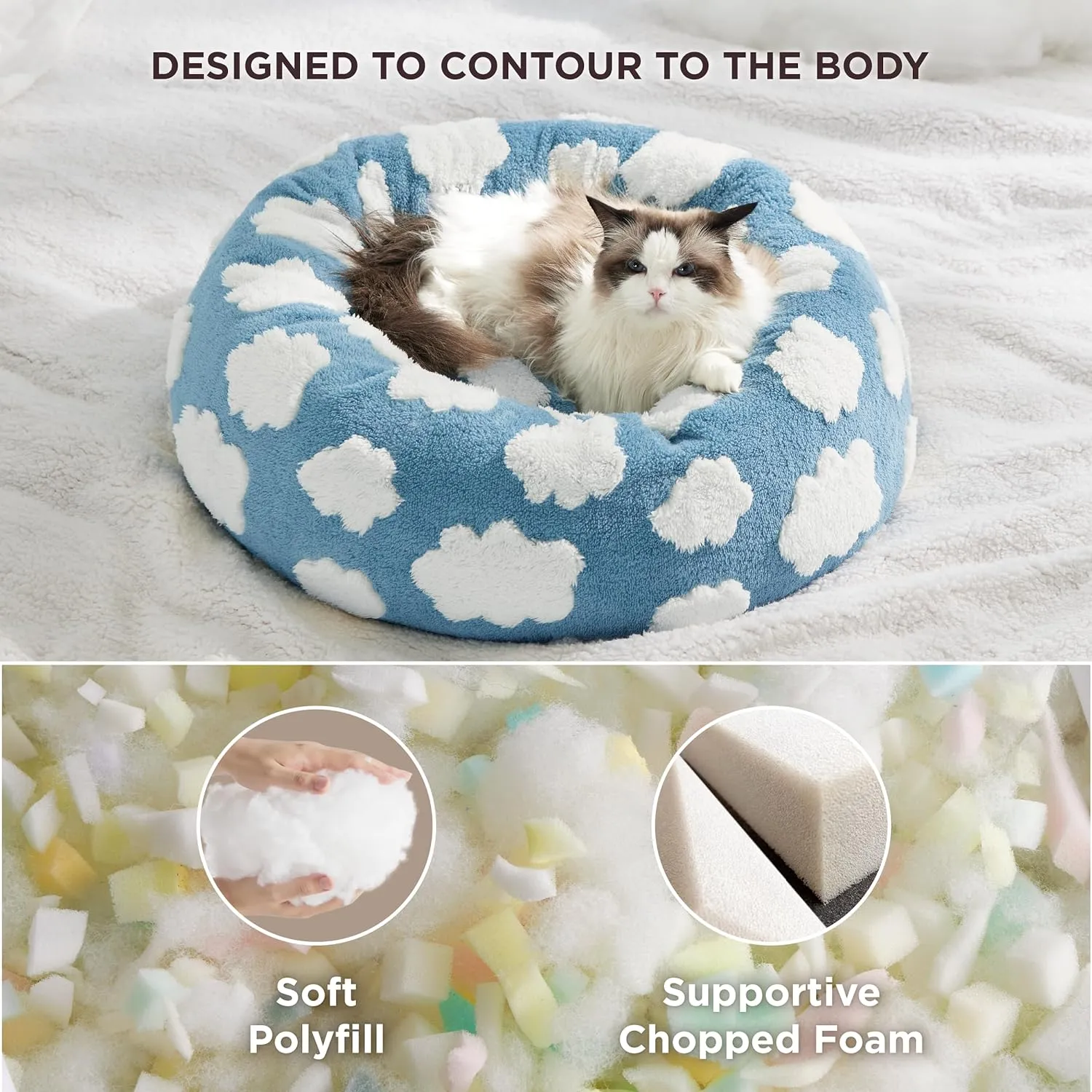 Lesure Donut Cat Beds for Indoor Cats - Small Round Dog Bed for Calming Pets with Washable Cover, Cute Modern Puppy Beds with Jacquard Shaggy Plush & Anti Slip Bottom, 20 Inch, Blue