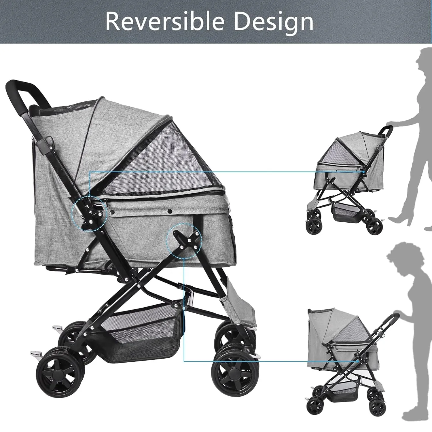 Lingtoolator for Large Medium Dogs & Cats with Reversible Handle, Foldable Pet Stroller Travel Carriage with Large Storage Basket, Gray