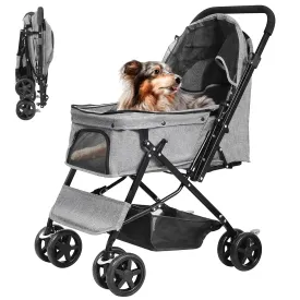 Lingtoolator for Large Medium Dogs & Cats with Reversible Handle, Foldable Pet Stroller Travel Carriage with Large Storage Basket, Gray