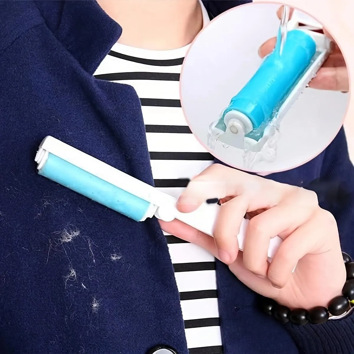 Lint Roller with Washable Sticky Roller Head(3pcs), Reusable Foldable Portable Clothes Washing Carpet Sheets dust Suction Brush Picker Set Cleaner,Pet Hair Remover Brush (Blue)