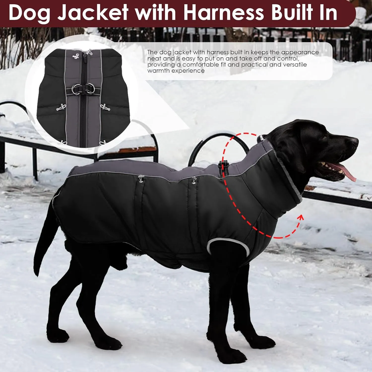Medium Dog Coat - Warm Zip Up Snowsuit Dog Harness Vest, Reflective, Water-Resistant, Black