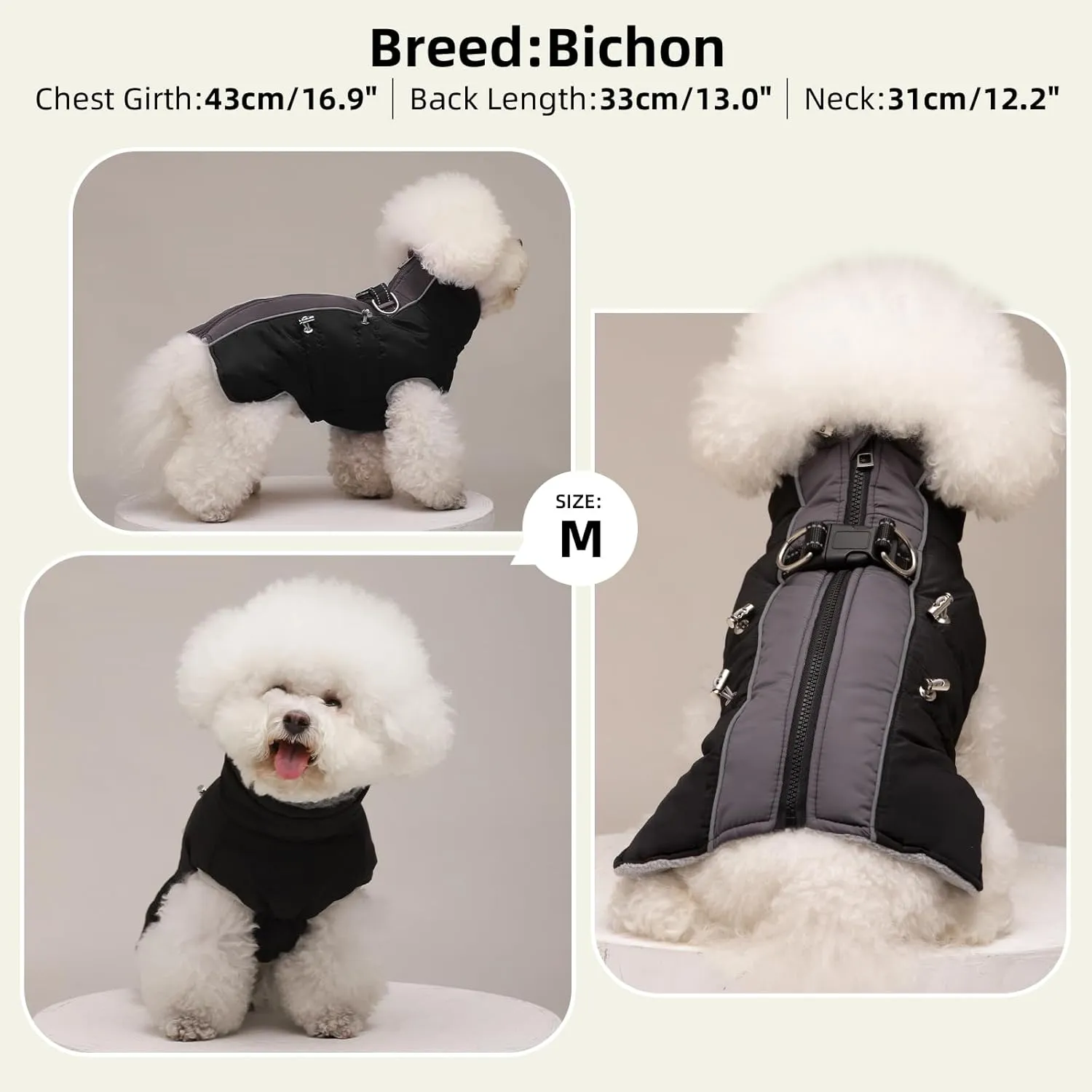 Medium Dog Coat - Warm Zip Up Snowsuit Dog Harness Vest, Reflective, Water-Resistant, Black