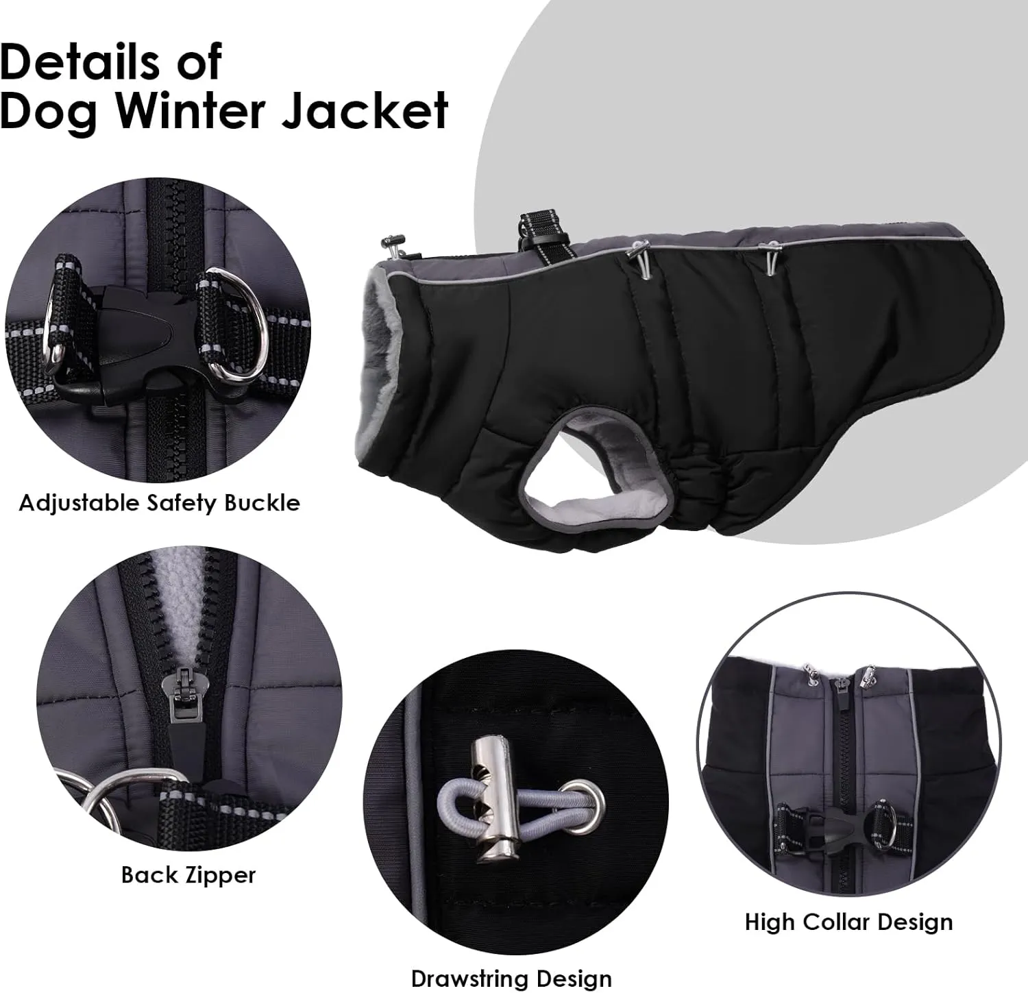 Medium Dog Coat - Warm Zip Up Snowsuit Dog Harness Vest, Reflective, Water-Resistant, Black