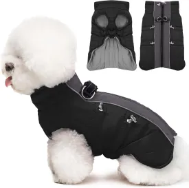 Medium Dog Coat - Warm Zip Up Snowsuit Dog Harness Vest, Reflective, Water-Resistant, Black