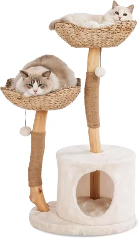 Natural Wood Cat Tree- Modern Cat Tower for Large Cat, 2 Baskets