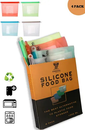 New Findhal Silicone Storage Bags, 4-Pack Food and Drink Premium Storage and Marinating Proteins Microwave Dishwasher Oven and Freezer Safe