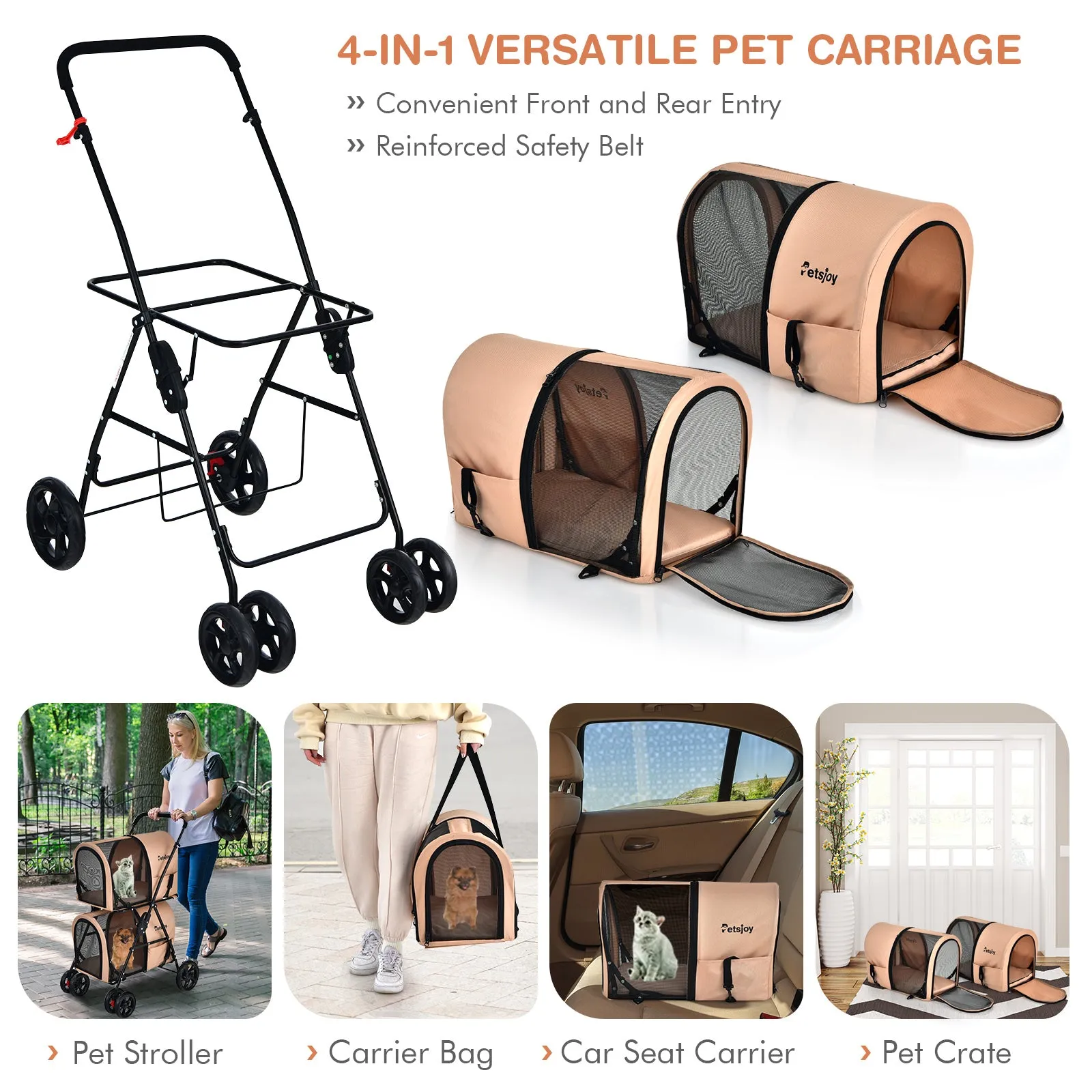 NNECW 4-in-1 Double Pet Stroller with Detachable Carrier for Cats Travel-Beige