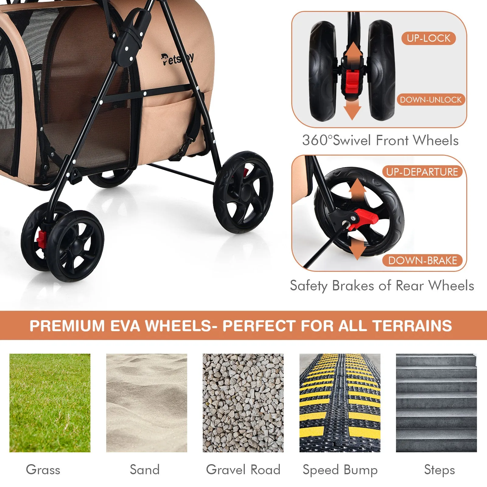 NNECW 4-in-1 Double Pet Stroller with Detachable Carrier for Cats Travel-Beige