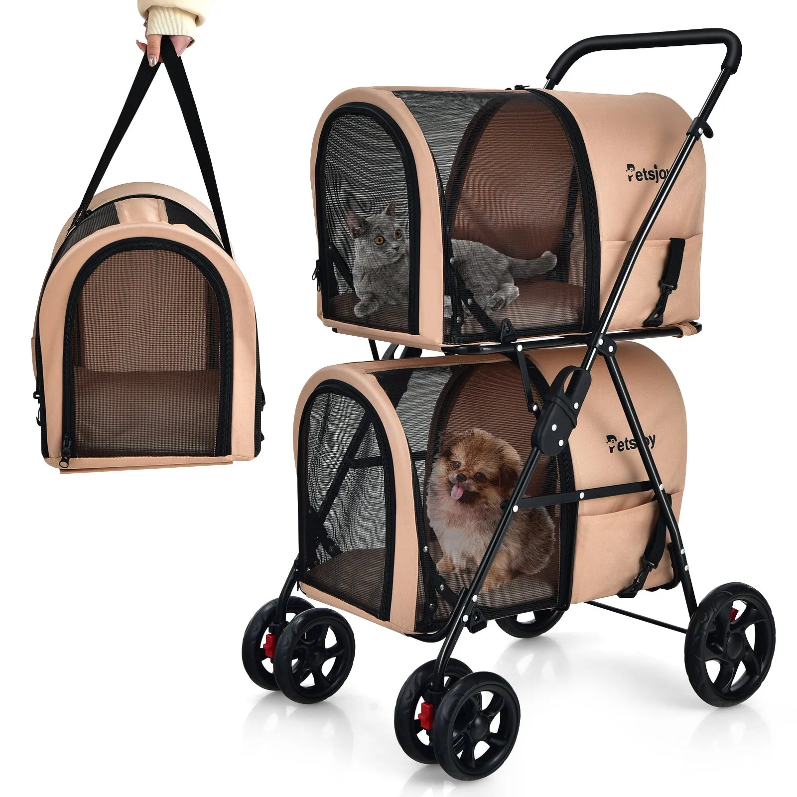NNECW 4-in-1 Double Pet Stroller with Detachable Carrier for Cats Travel-Beige