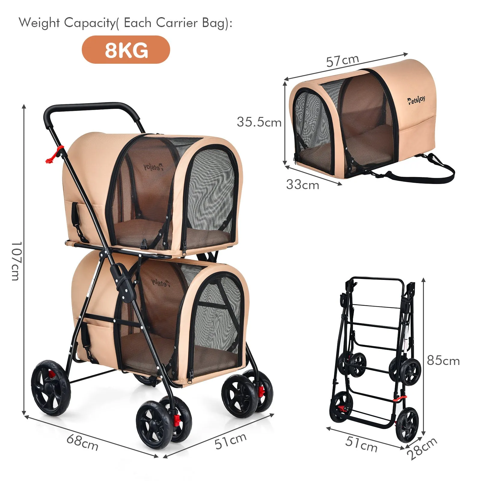 NNECW 4-in-1 Double Pet Stroller with Detachable Carrier for Cats Travel-Beige