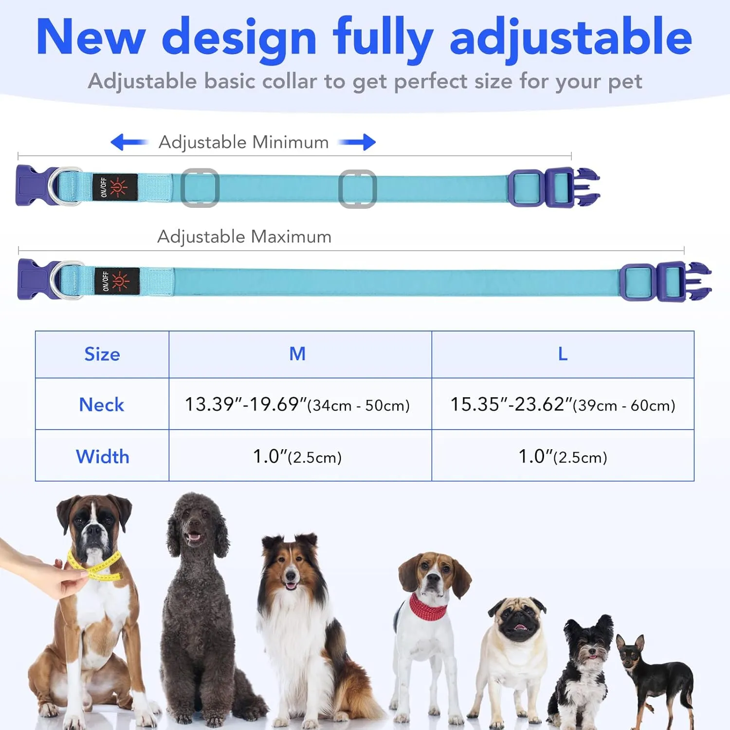 Only Half The Collar Lights LED Dog Collar Light Up Dog Collars USB Rechargeable, Adjustable Size Heavy Duty TPU Nylon Webbing Glow Safety Basic Dog Collars for Large Medium Dogs (M, Royal Blue)