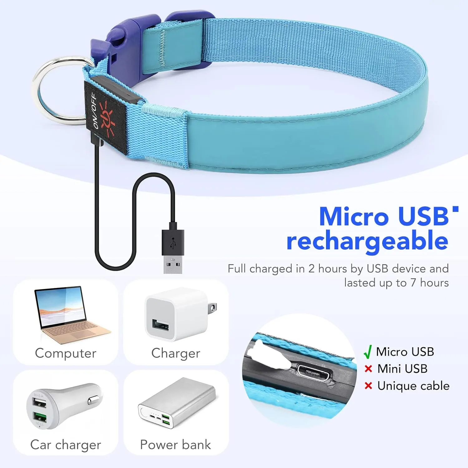 Only Half The Collar Lights LED Dog Collar Light Up Dog Collars USB Rechargeable, Adjustable Size Heavy Duty TPU Nylon Webbing Glow Safety Basic Dog Collars for Large Medium Dogs (M, Royal Blue)