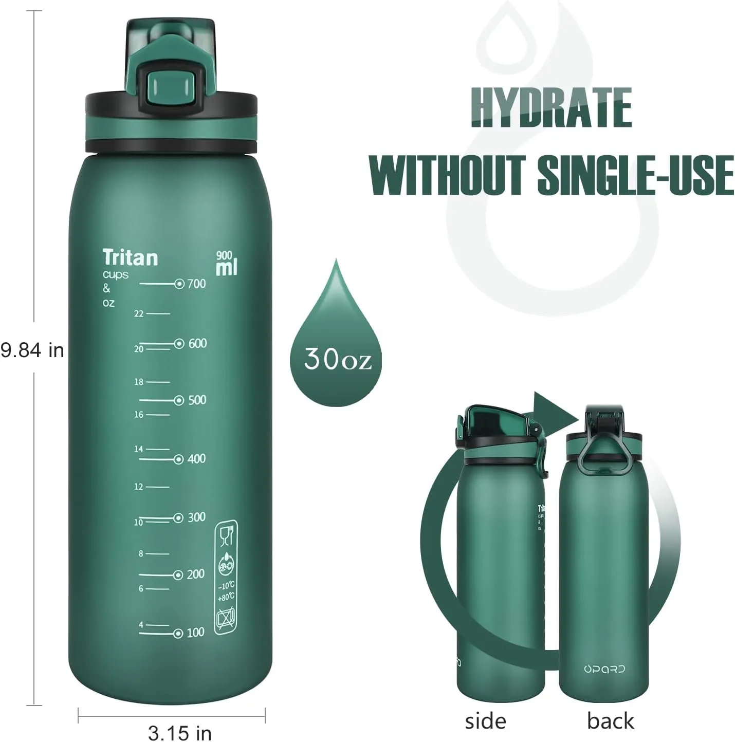 Opard 30oz/32oz Sports Water Bottle with Leak Proof Flip Top Lid BPA Free Tritan Reusable Plastic for Gym and Outdoor, Travel Water Bottle with Straw