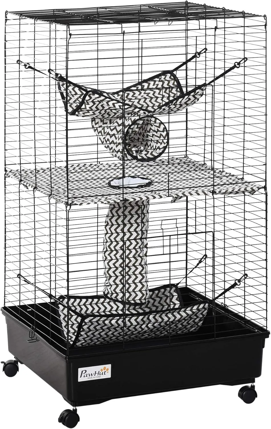 PawHut 42" Ferret Cage, Small Animal Habitat Metal Pet Cage with Wheels Brakes, Hammocks, Hanging Tunnels, and 3 Doors, Black