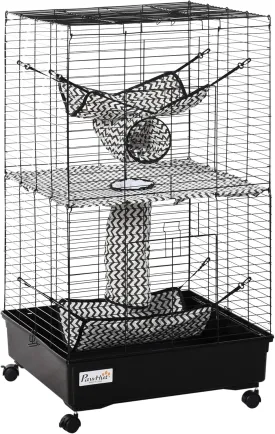 PawHut 42" Ferret Cage, Small Animal Habitat Metal Pet Cage with Wheels Brakes, Hammocks, Hanging Tunnels, and 3 Doors, Black