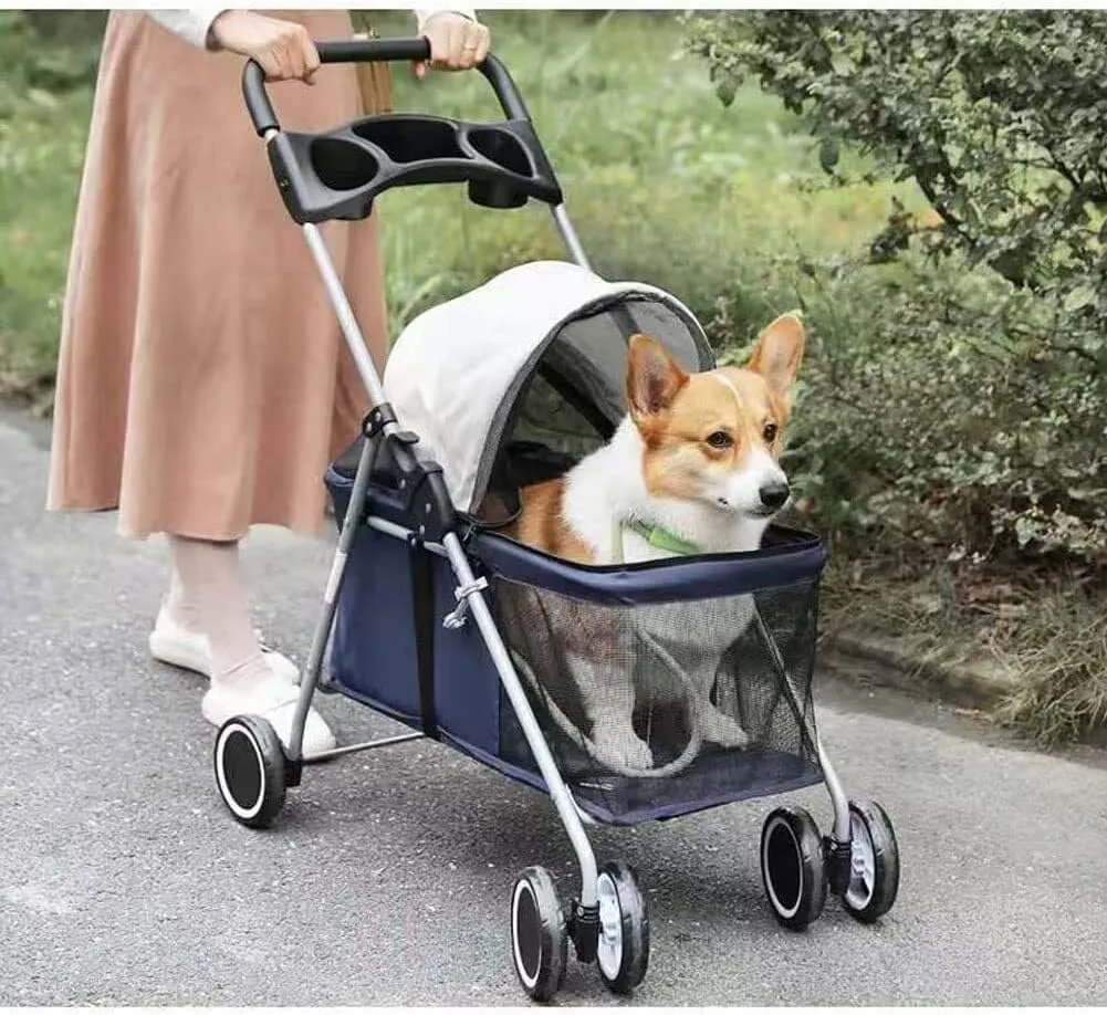 Pet Stroller Dog Cat Stroller 4 Wheels Collapsible Portable Lightweight Travel Carrier with Ventilating Mesh(Blue)