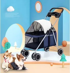 Pet Stroller Dog Cat Stroller 4 Wheels Collapsible Portable Lightweight Travel Carrier with Ventilating Mesh(Blue)