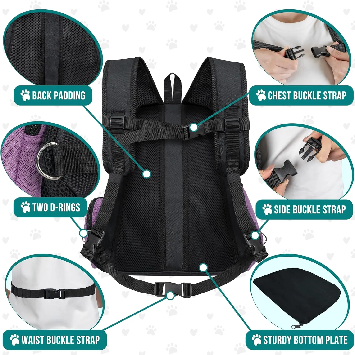 PetAmi Adjustable Cat & Dog Front Chest Carrier Backpack, Ventilated for Hiking & Camping, Max 14 lbs, Purple