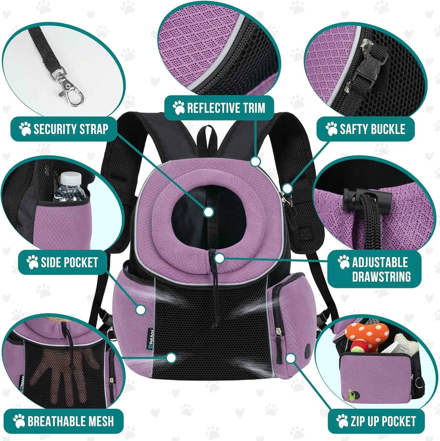 PetAmi Adjustable Cat & Dog Front Chest Carrier Backpack, Ventilated for Hiking & Camping, Max 14 lbs, Purple