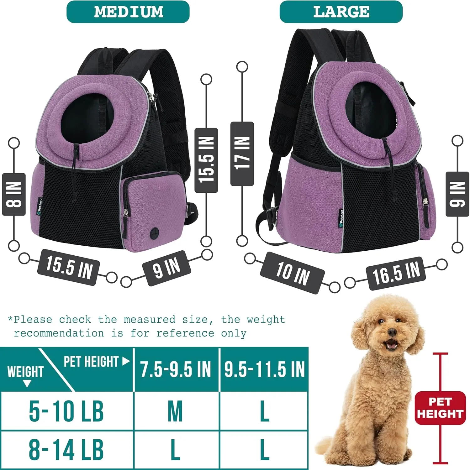 PetAmi Adjustable Cat & Dog Front Chest Carrier Backpack, Ventilated for Hiking & Camping, Max 14 lbs, Purple