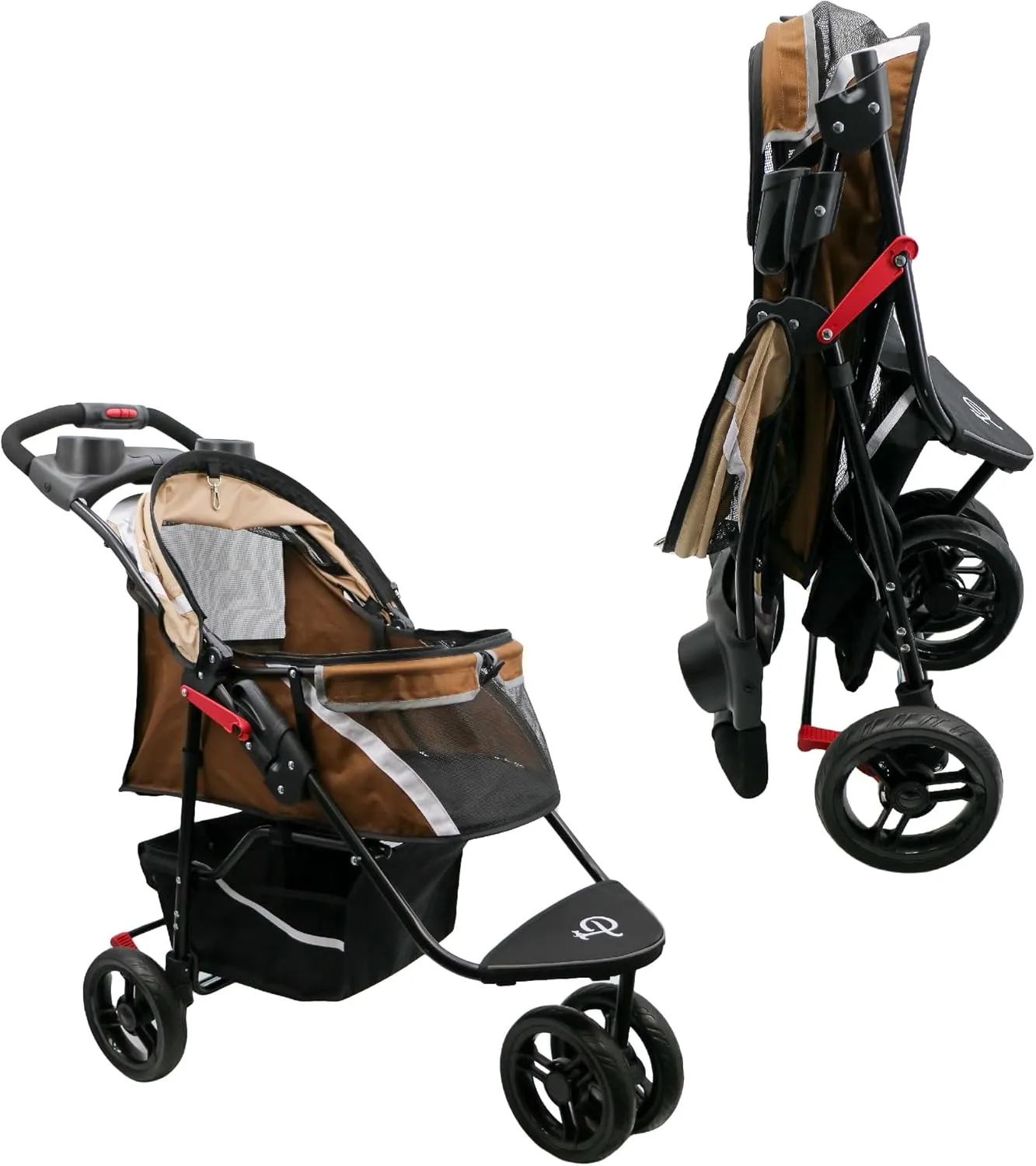Petique Revolutionary Durable Pet Stroller, Easy Fold, Quality mesh Windows, Large Storage Basket, Secure Cup Holder Tray, Small/Medium Dogs, Cats and Pets, Supports up to 55LBS - Milkyway (Brown)