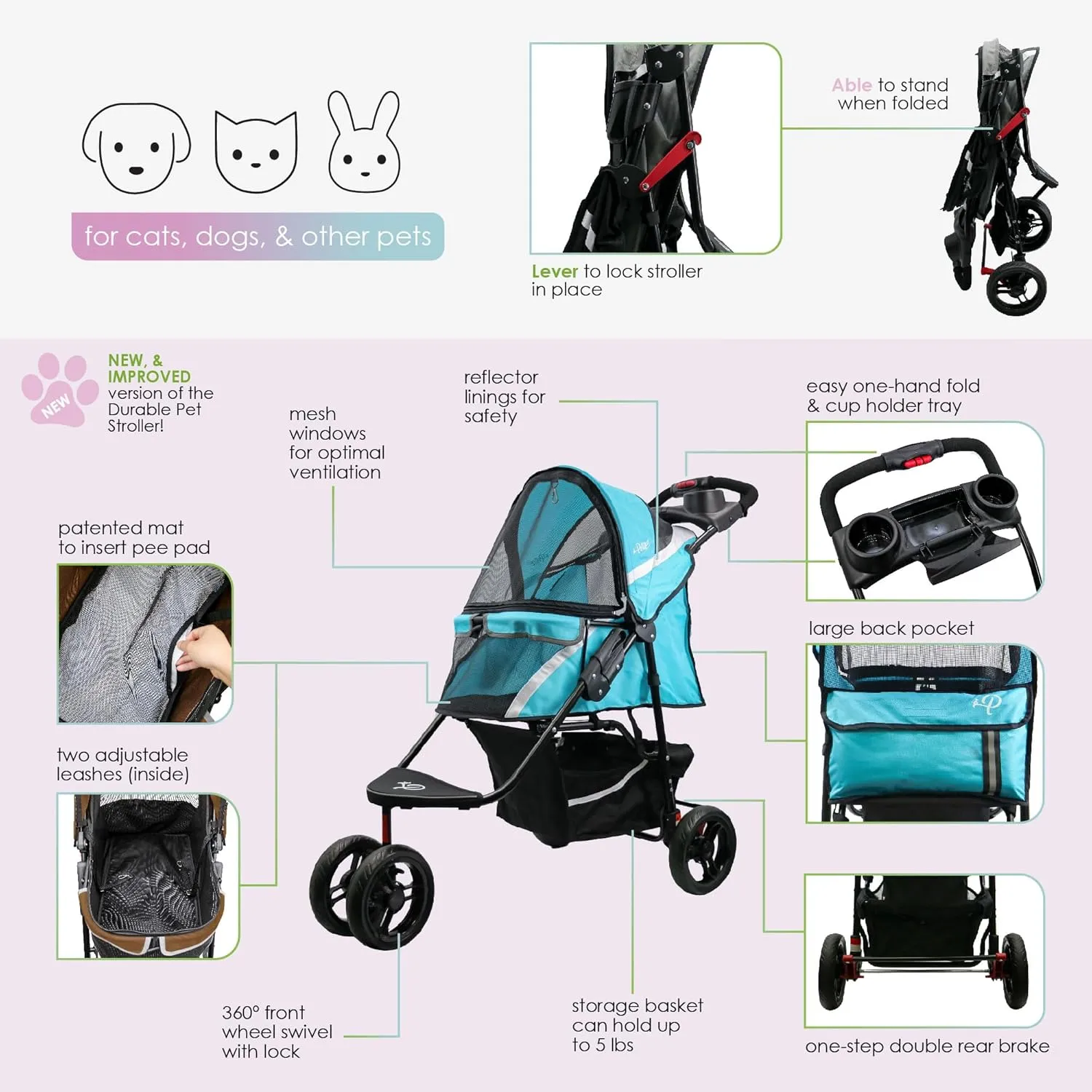 Petique Revolutionary Durable Pet Stroller, Easy Fold, Quality mesh Windows, Large Storage Basket, Secure Cup Holder Tray, Small/Medium Dogs, Cats and Pets, Supports up to 55LBS - Milkyway (Brown)