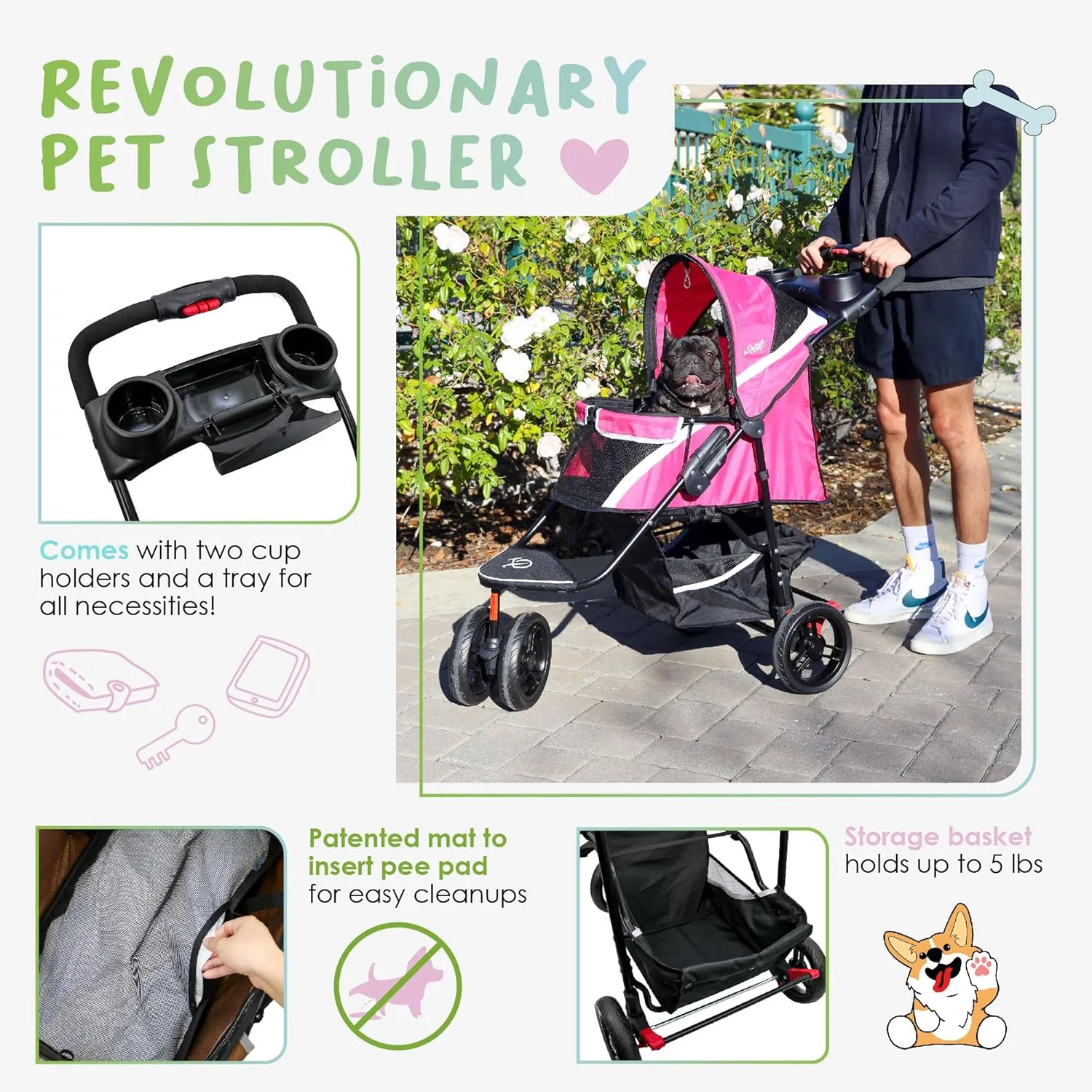 Petique Revolutionary Durable Pet Stroller, Easy Fold, Quality mesh Windows, Large Storage Basket, Secure Cup Holder Tray, Small/Medium Dogs, Cats and Pets, Supports up to 55LBS - Milkyway (Brown)