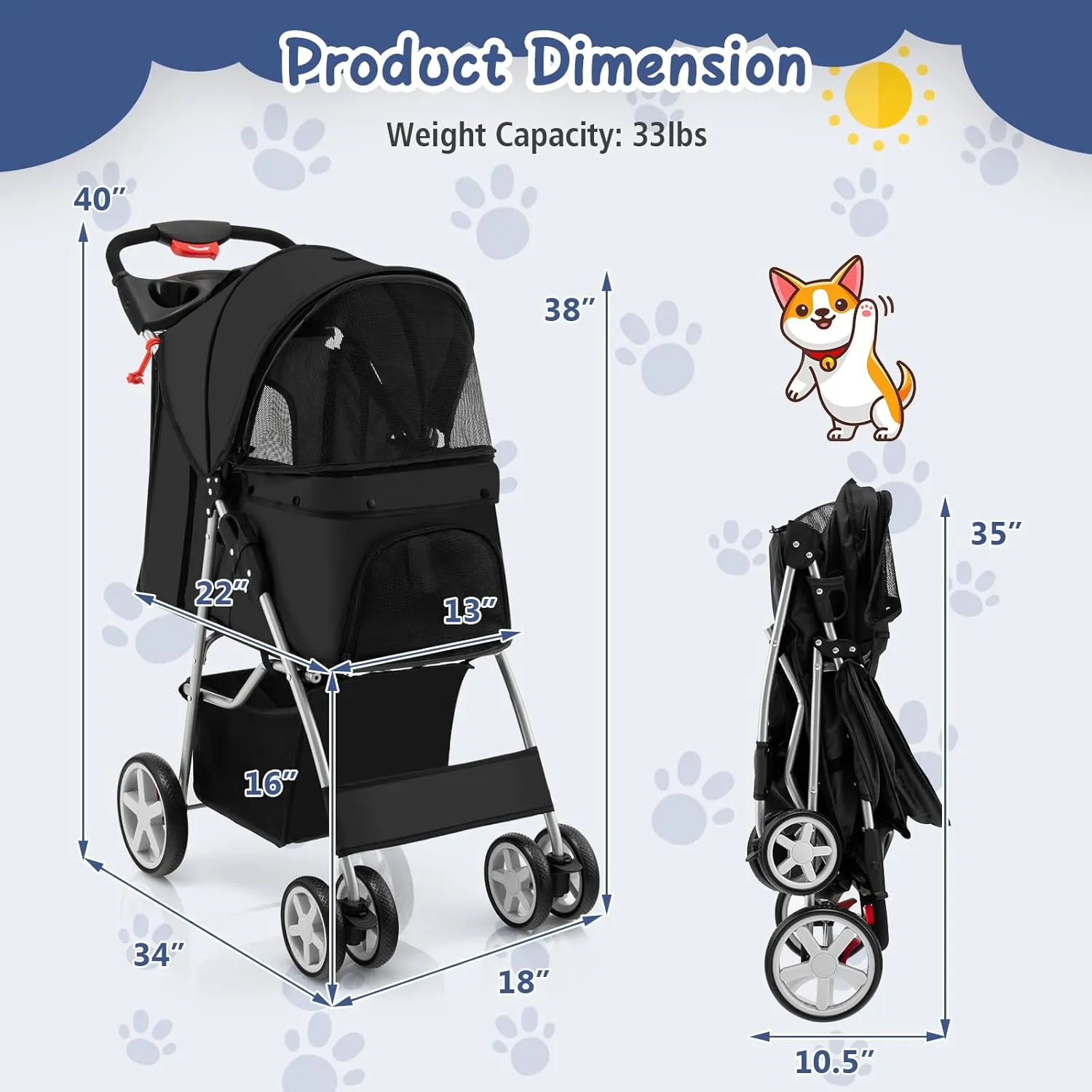 PETSITE Folding Dog Stroller, Pet Stroller for Small Medium Dogs & Cats, Pet Travel Carrier with 4 Lockable Wheels, Cup Holder, Removable Liner and Storage Basket
