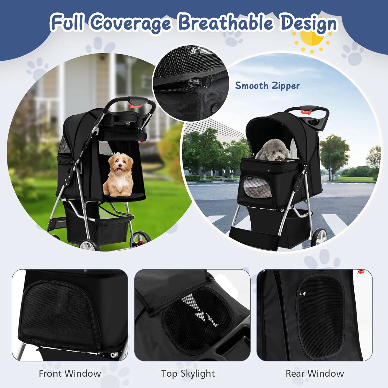 PETSITE Folding Dog Stroller, Pet Stroller for Small Medium Dogs & Cats, Pet Travel Carrier with 4 Lockable Wheels, Cup Holder, Removable Liner and Storage Basket