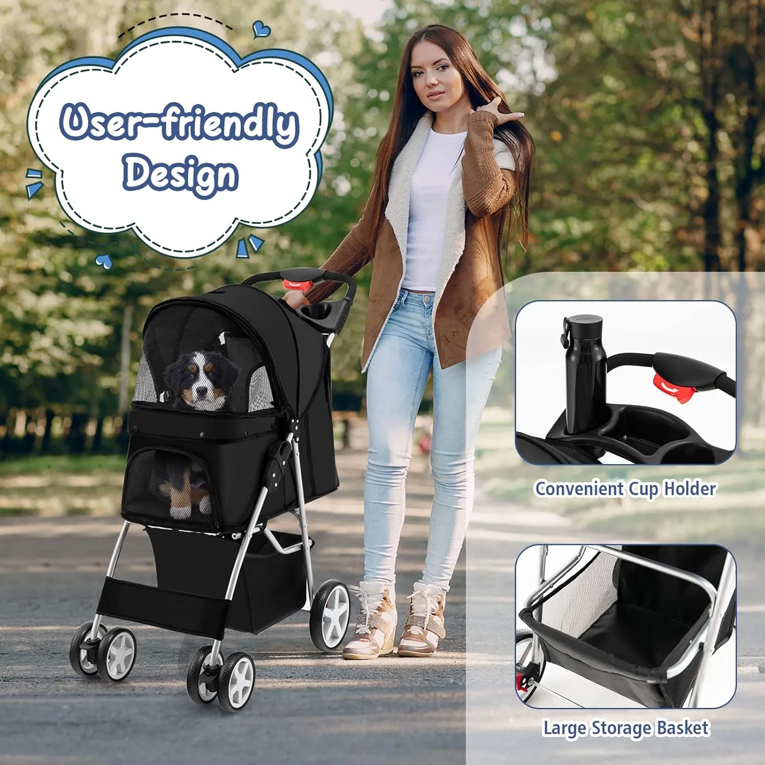 PETSITE Folding Dog Stroller, Pet Stroller for Small Medium Dogs & Cats, Pet Travel Carrier with 4 Lockable Wheels, Cup Holder, Removable Liner and Storage Basket
