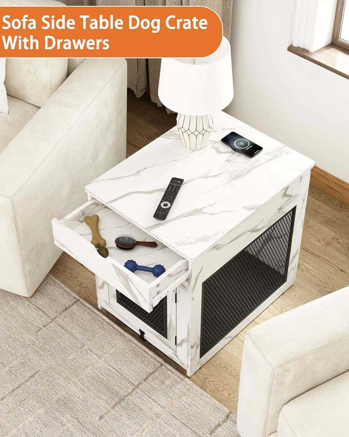Piskyet Dog Crate Furniture,Wooden Dog Crate End Table with Storage Drawer&Cushion&Tray, QC3.0 Wireless Charging,Dual USB,Medium Dogs Marble White