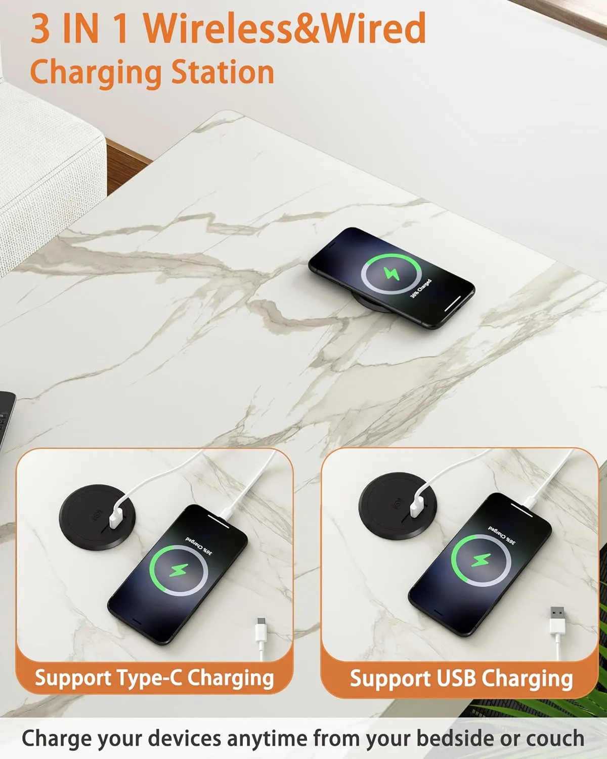 Piskyet Dog Crate Furniture,Wooden Dog Crate End Table with Storage Drawer&Cushion&Tray, QC3.0 Wireless Charging,Dual USB,Medium Dogs Marble White