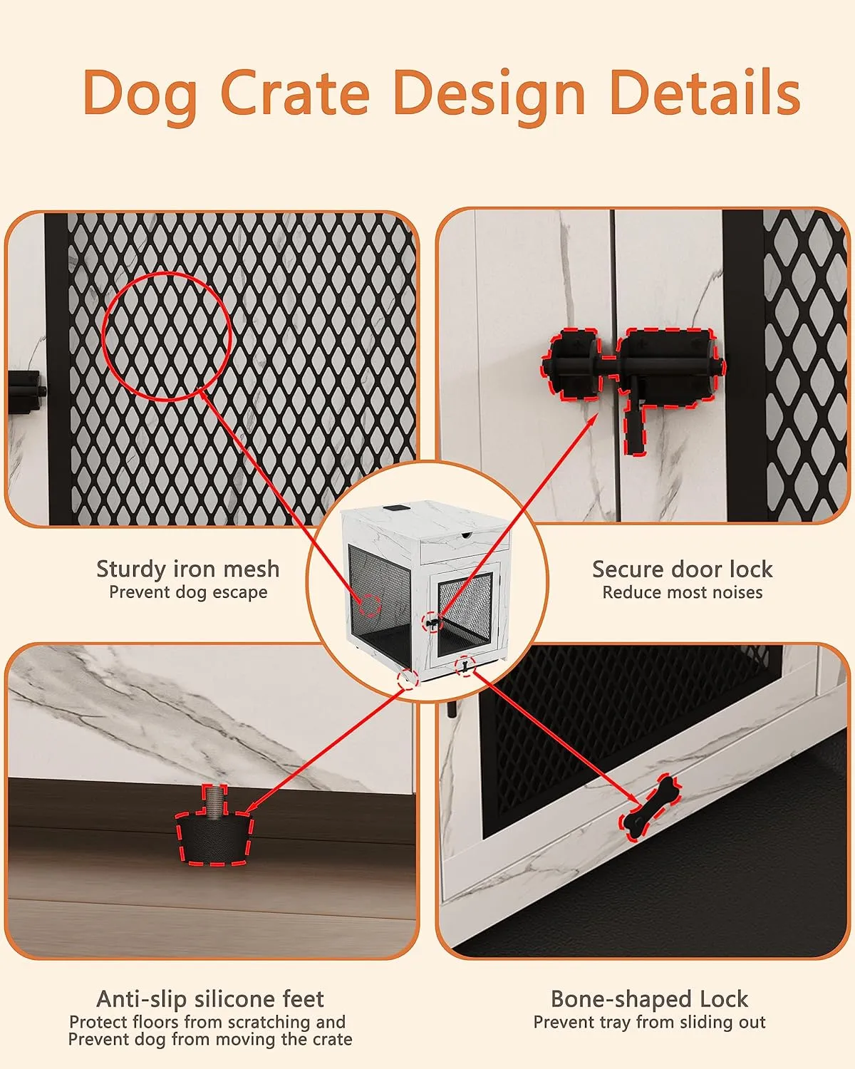 Piskyet Dog Crate Furniture,Wooden Dog Crate End Table with Storage Drawer&Cushion&Tray, QC3.0 Wireless Charging,Dual USB,Medium Dogs Marble White