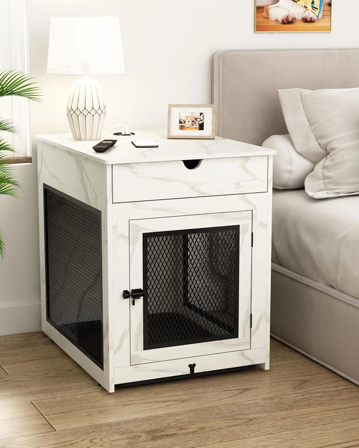 Piskyet Dog Crate Furniture,Wooden Dog Crate End Table with Storage Drawer&Cushion&Tray, QC3.0 Wireless Charging,Dual USB,Medium Dogs Marble White
