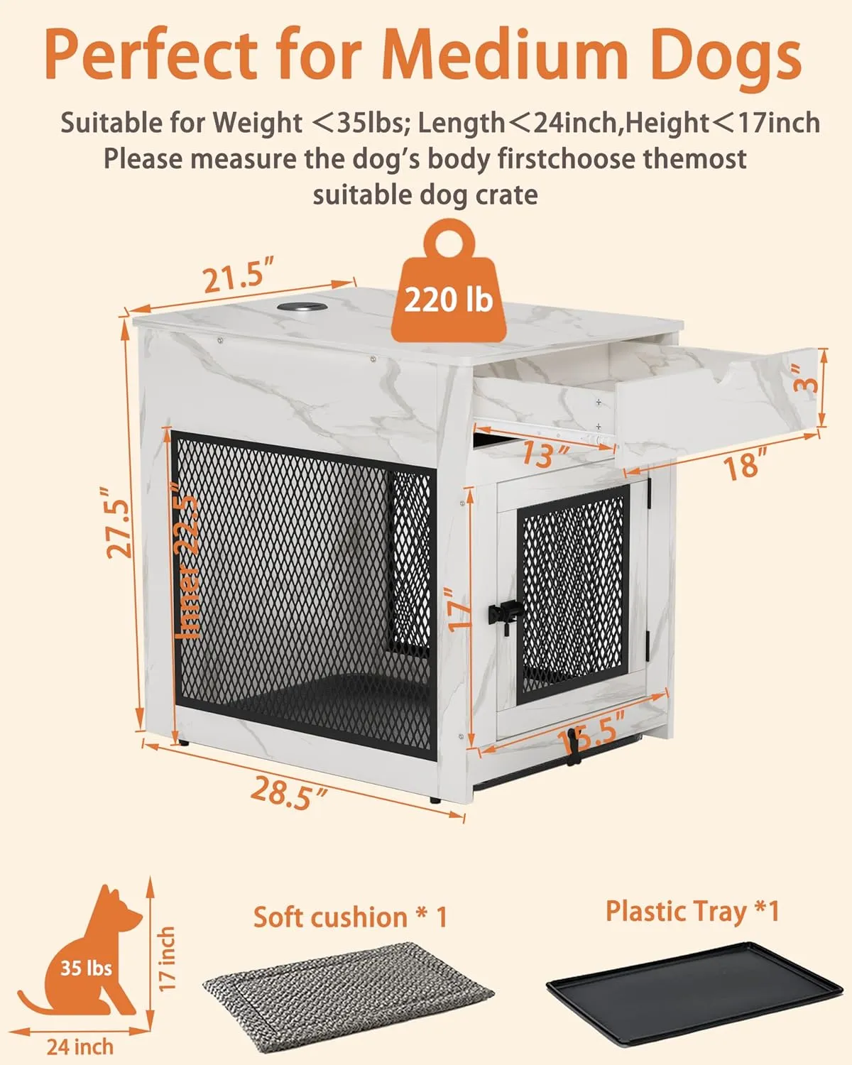 Piskyet Dog Crate Furniture,Wooden Dog Crate End Table with Storage Drawer&Cushion&Tray, QC3.0 Wireless Charging,Dual USB,Medium Dogs Marble White