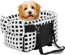 Portable Dog & Cat Car Seat - Center Console Booster Seat with Pillow (Grid-White, Under 13 lbs)