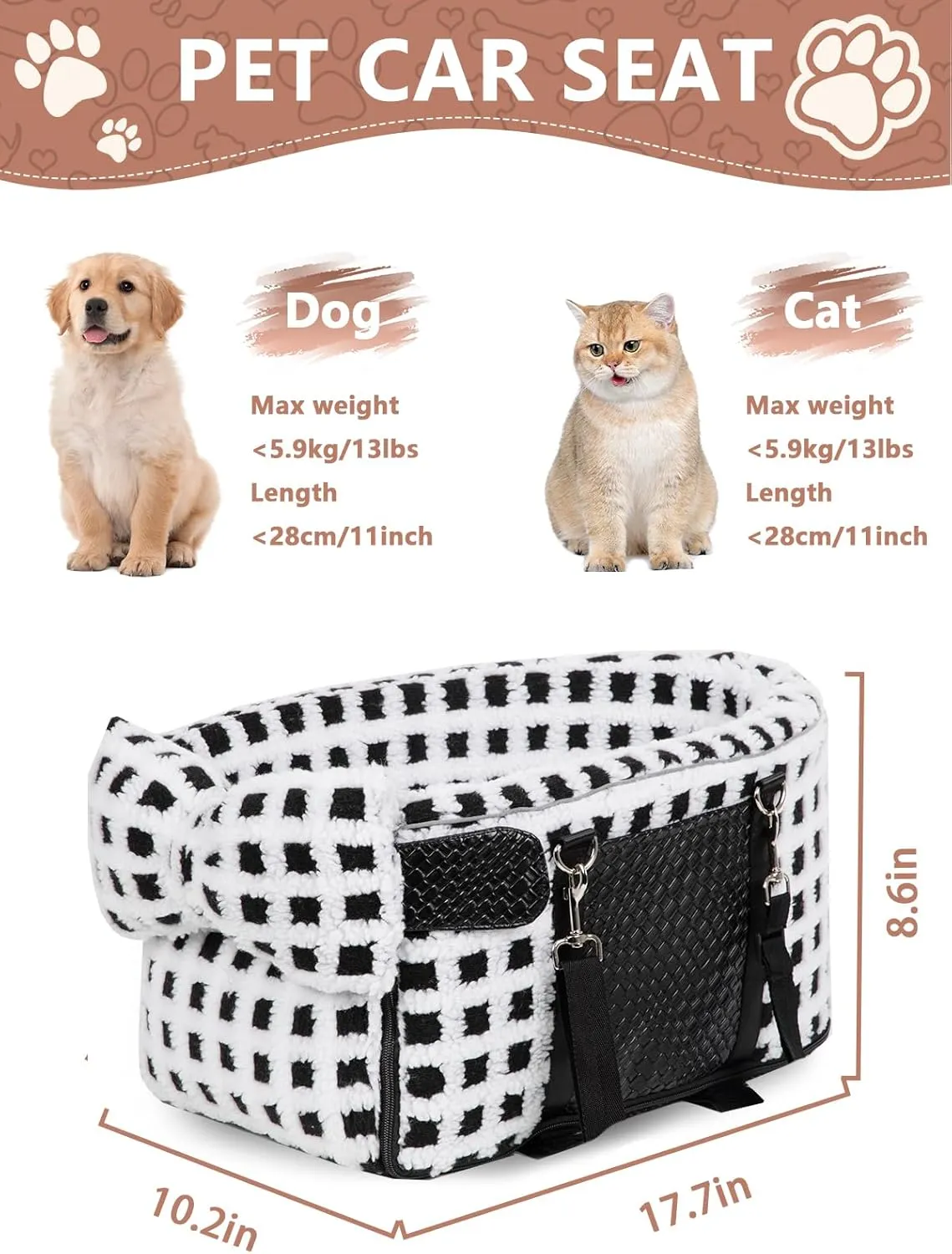 Portable Dog & Cat Car Seat - Center Console Booster Seat with Pillow (Grid-White, Under 13 lbs)