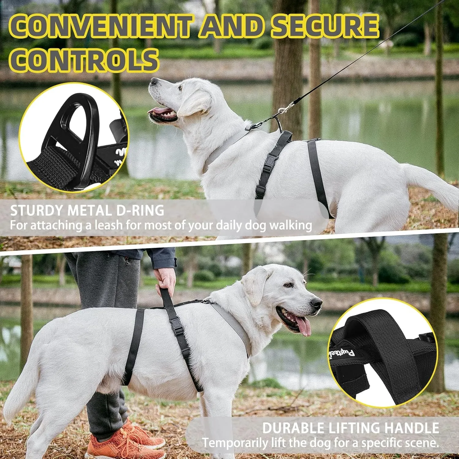 PUPTECK Escape Proof Dog Harness - No Pull Soft Padded Full Body Pet Halter Harness with Lift Handle for Small Medium Large Doggies Walking Hiking Hunting, SnowWhite & Black, M
